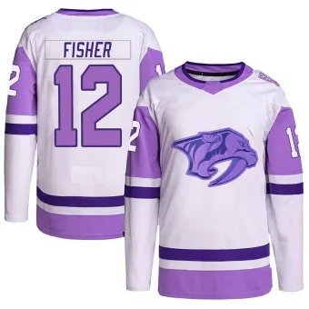 Men's Mike Fisher Nashville Predators Hockey Fights Cancer Primegreen Jersey - White/Purple Authentic